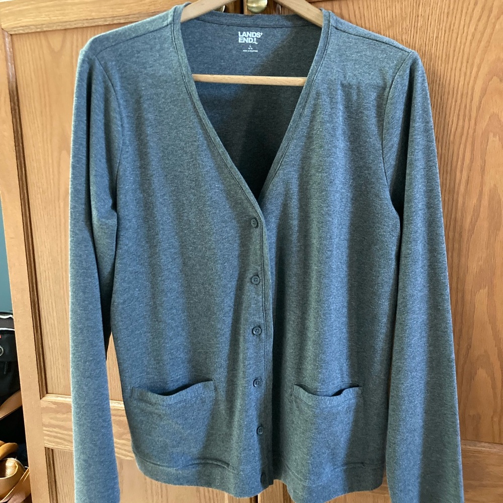 Lands End Grey jersey button up cardigan 2 front pockets Size 14-16 60% cotton